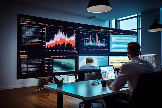 data scientist working on desktop in office